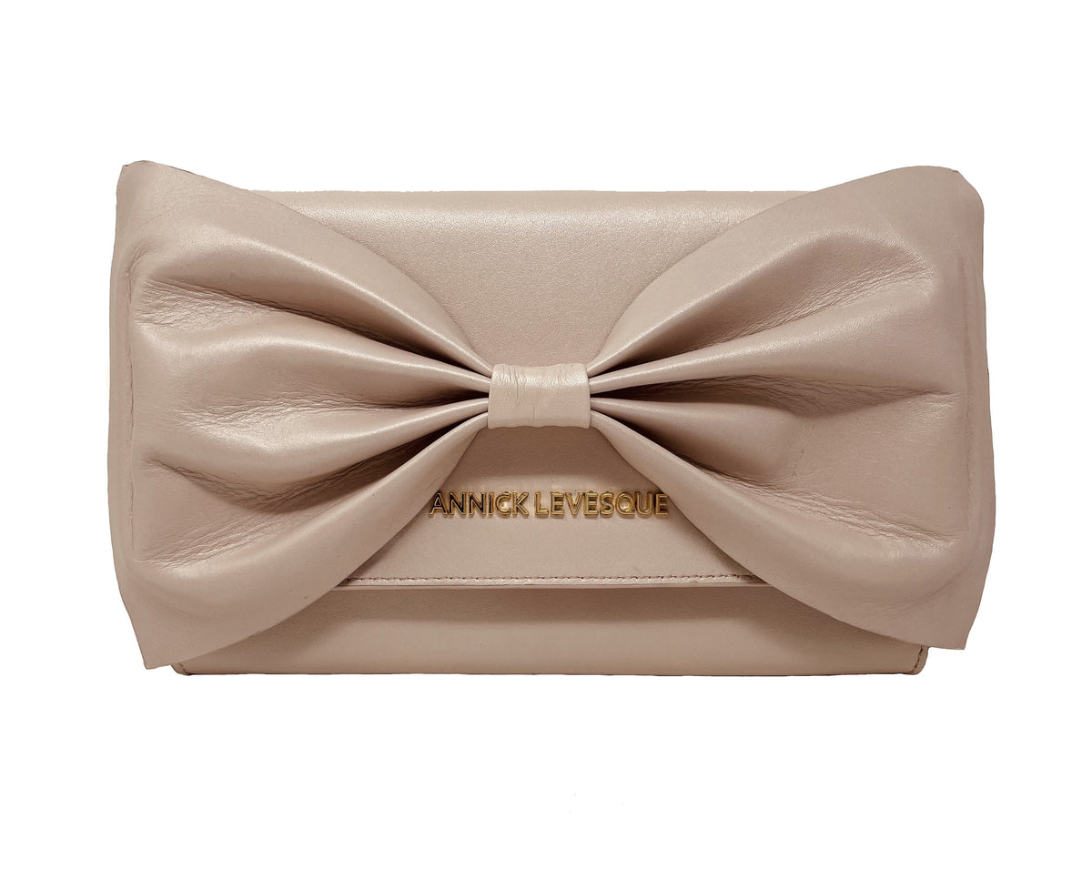 Genuine Leather Handbag with Bow Scarlett, 3 in 1, Blush Pink