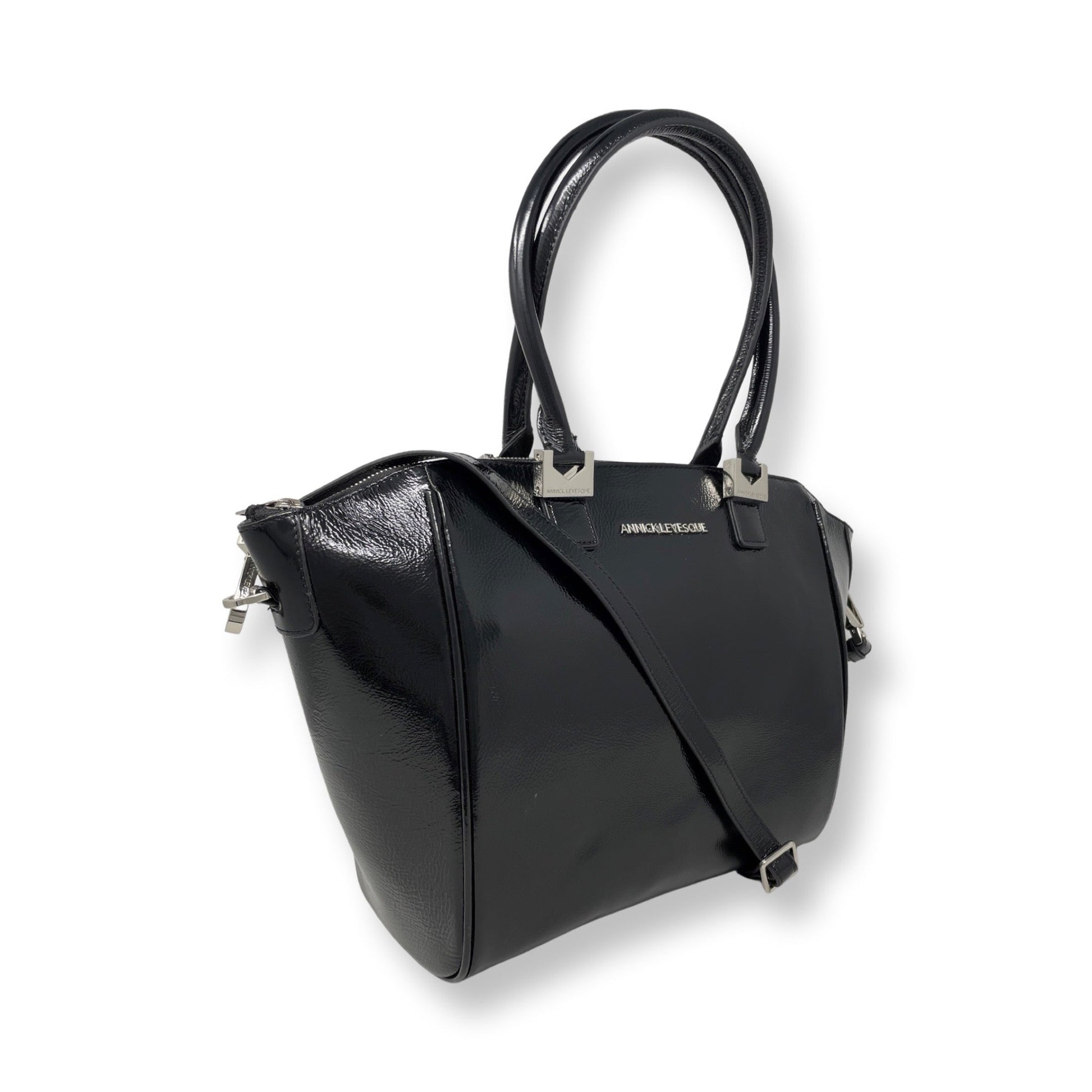 Sac à Main en Cuir Verni Noir Souple, Mona Moyen