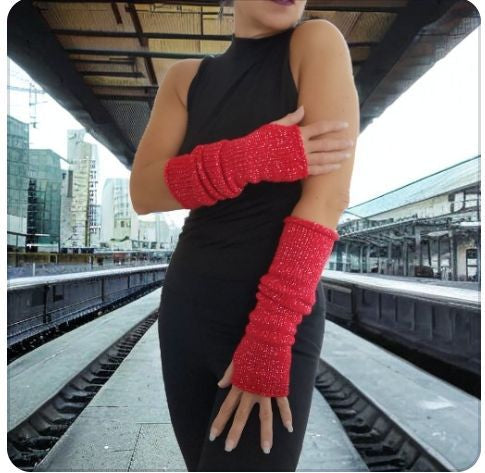 Red Silver Glitter Handmade Knitted Long Fingerless Gloves