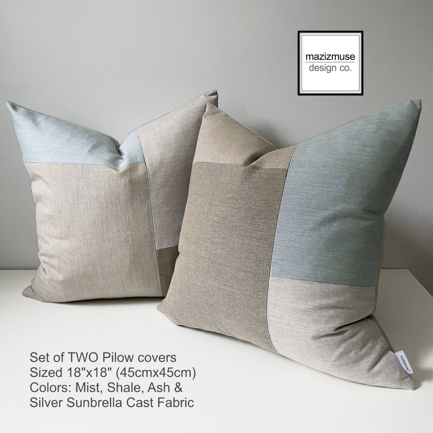 Deux housses de coussin d'extérieur Sunbrella® vert sauge, coussins Oasis Petal et Ash