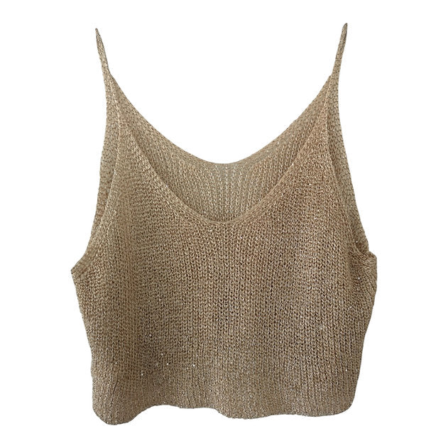 Khaki Gold Mini Sequins Knit Crop Top