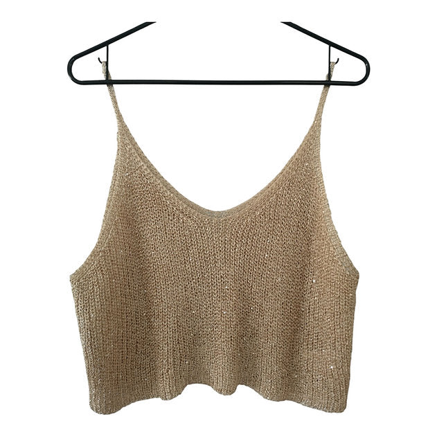 Khaki Gold Mini Sequins Knit Crop Top