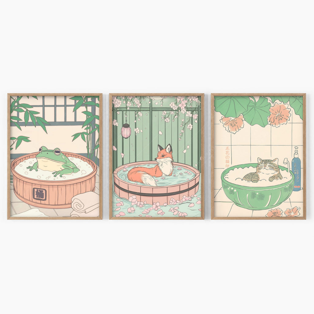 Japanese Spa Animals Print Set – Cat Fox Frog Nursery Wall Art Decor