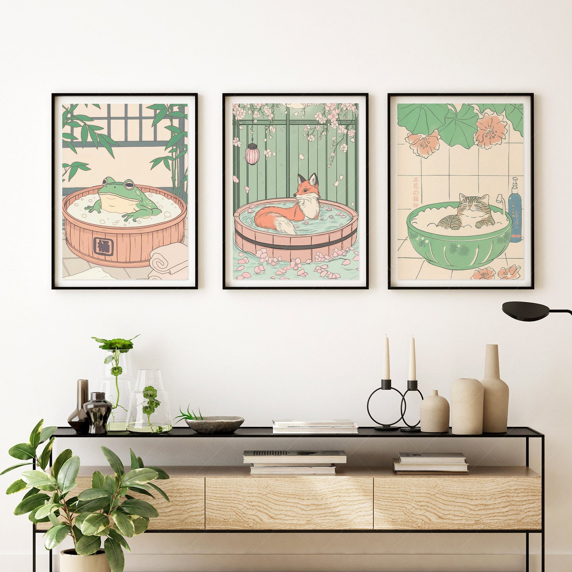 Japanese Spa Animals Print Set – Cat Fox Frog Nursery Wall Art Decor