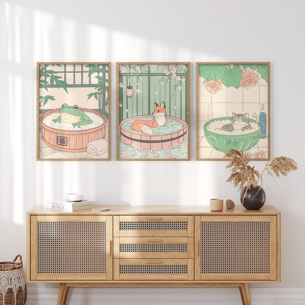 Japanese Spa Animals Print Set – Cat Fox Frog Nursery Wall Art Decor