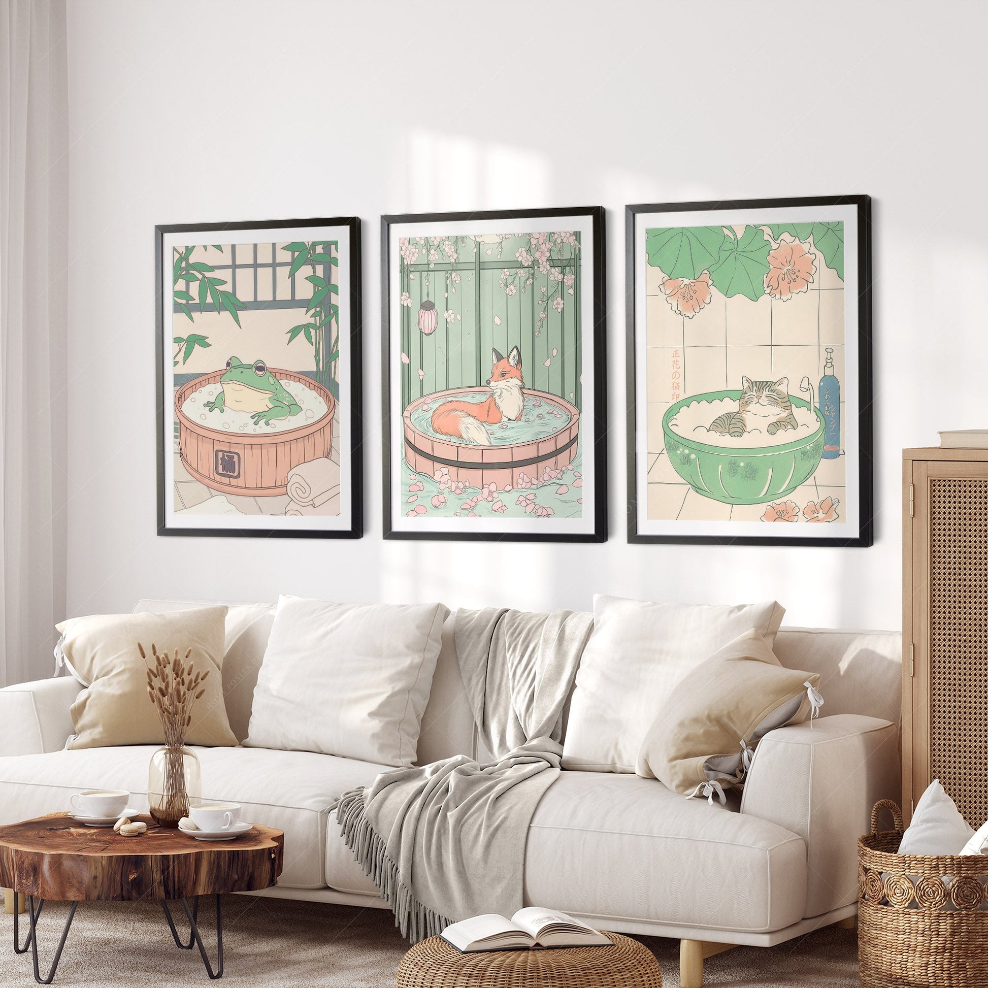 Japanese Spa Animals Print Set – Cat Fox Frog Nursery Wall Art Decor
