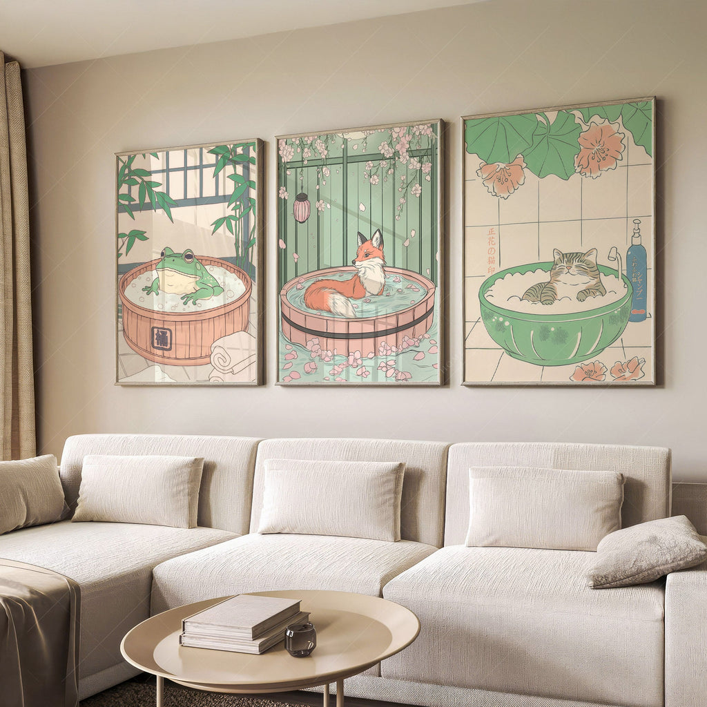 Japanese Spa Animals Print Set – Cat Fox Frog Nursery Wall Art Decor