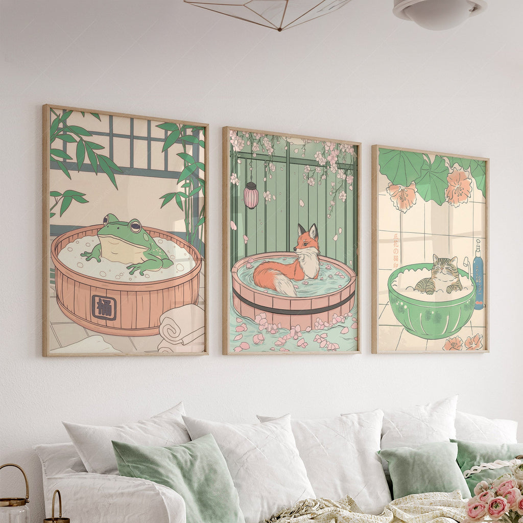 Japanese Spa Animals Print Set – Cat Fox Frog Nursery Wall Art Decor