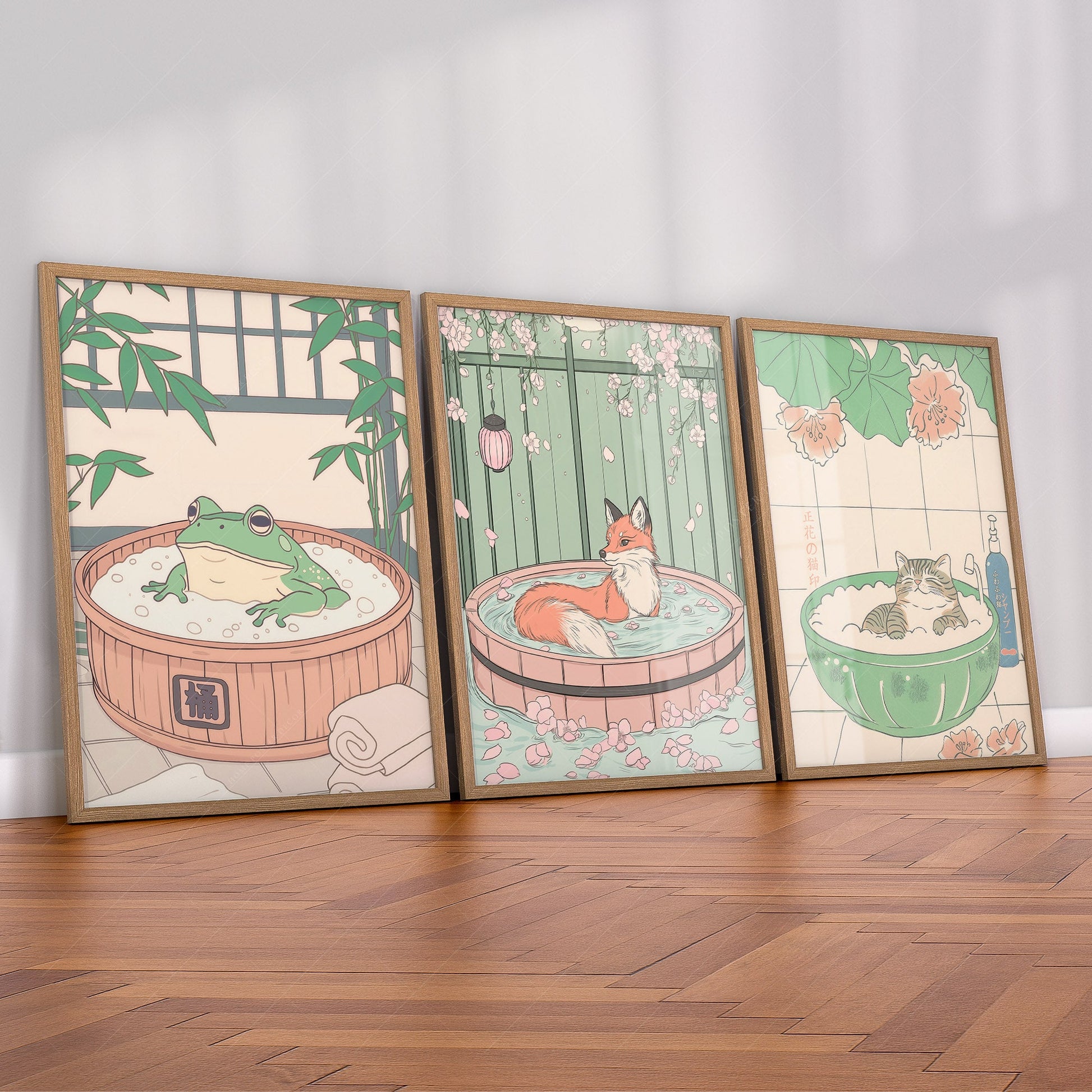 Japanese Spa Animals Print Set – Cat Fox Frog Nursery Wall Art Decor