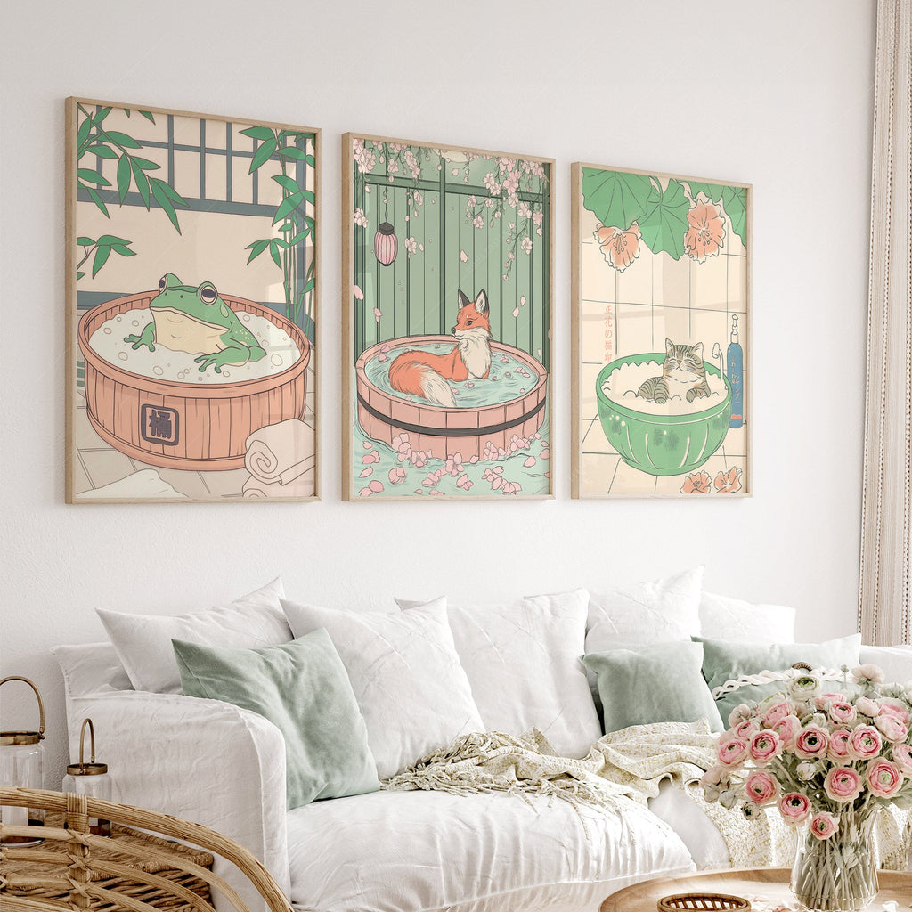 Japanese Spa Animals Print Set – Cat Fox Frog Nursery Wall Art Decor