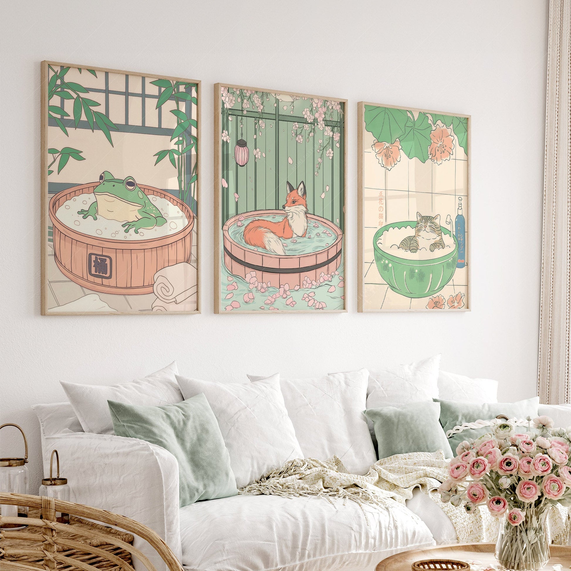 Japanese Spa Animals Print Set – Cat Fox Frog Nursery Wall Art Decor
