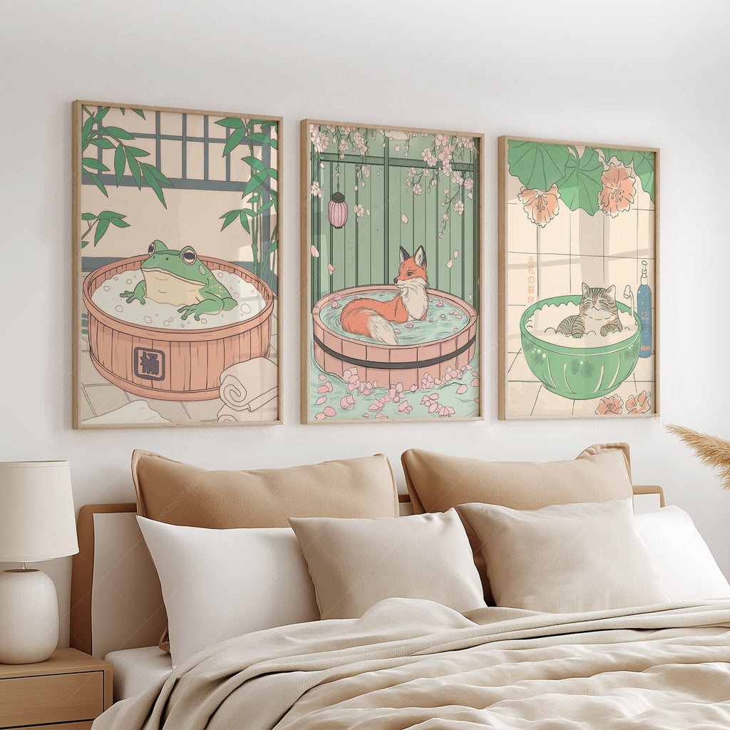 Japanese Spa Animals Print Set – Cat Fox Frog Nursery Wall Art Decor