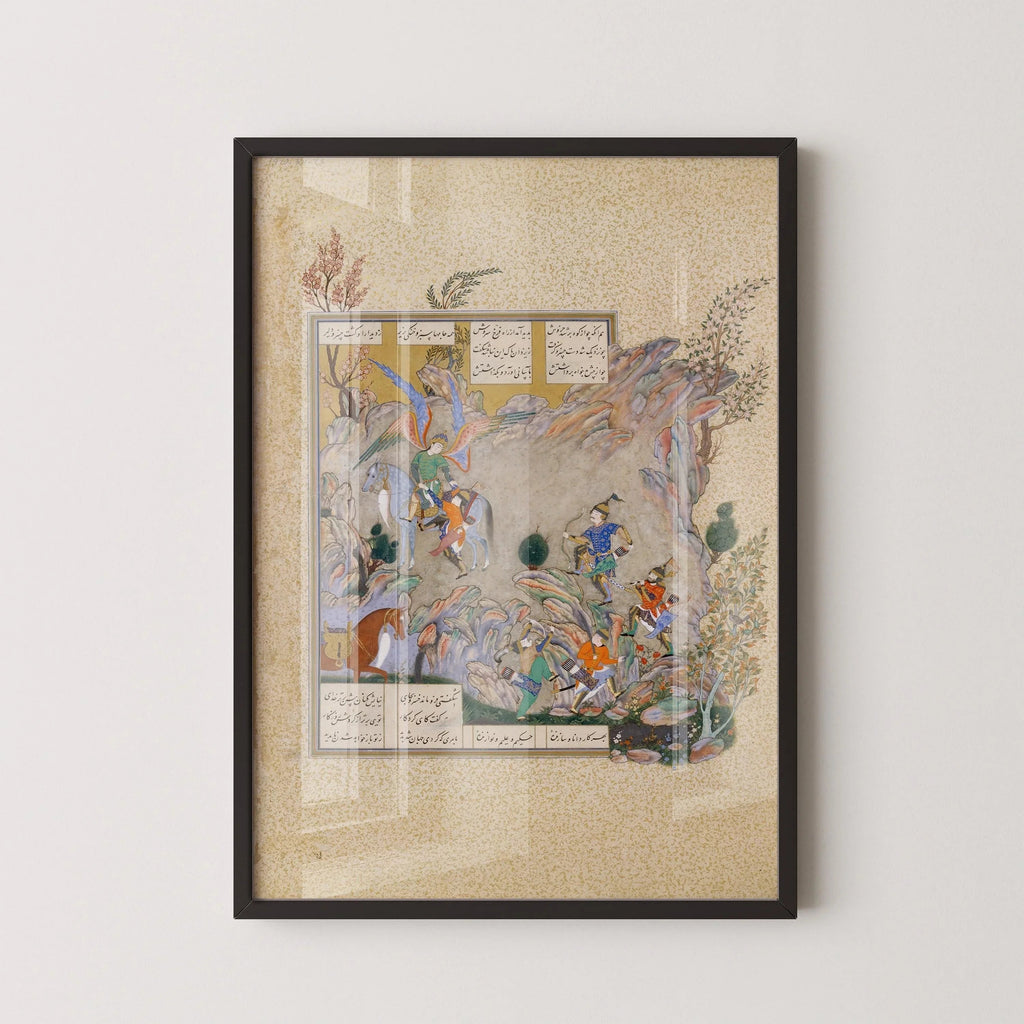 Estampe d'art giclée du Shahnameh : L'ange Surush sauve Khusrau Parviz, miniature persane (disponible avec ou sans cadre)