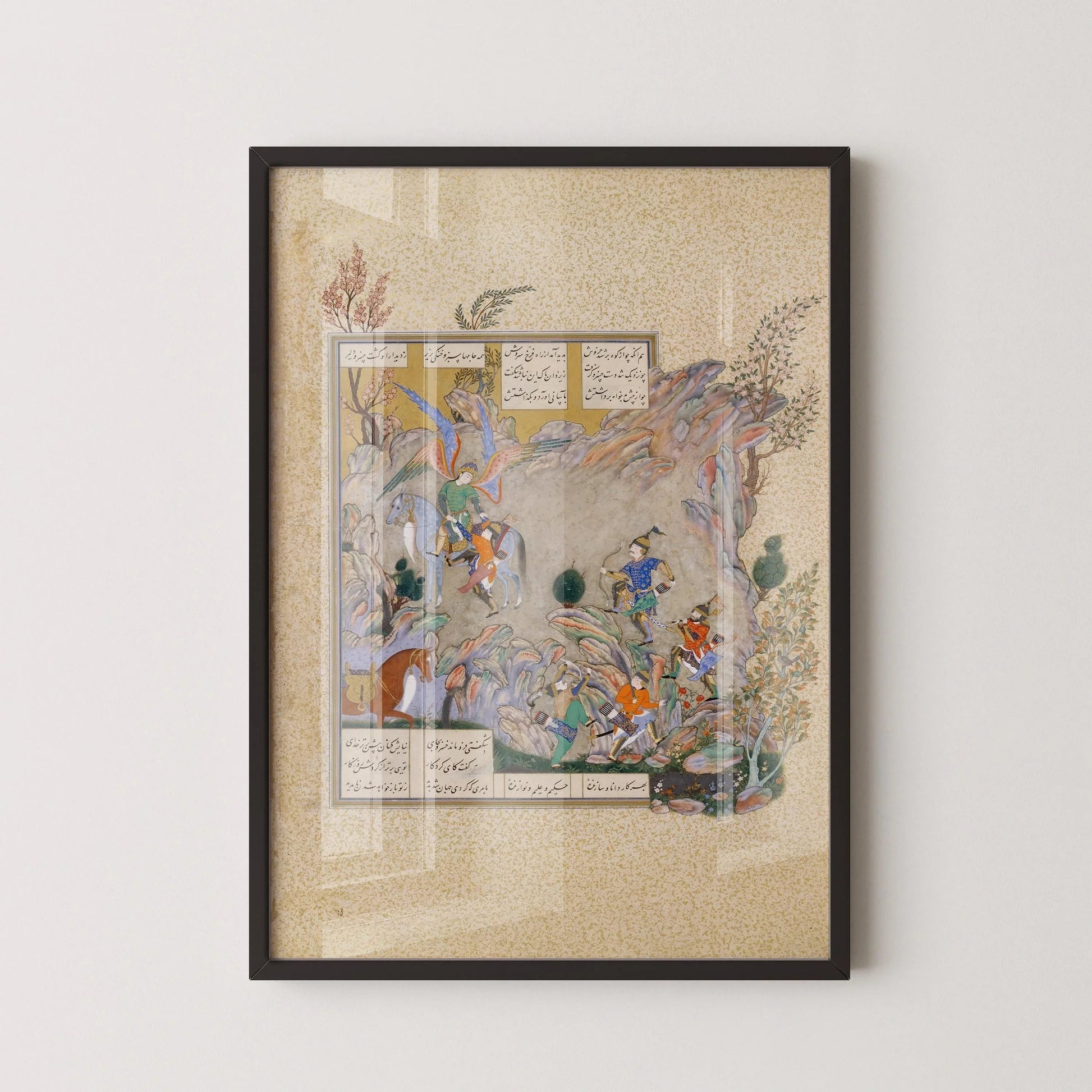 Estampe d'art giclée du Shahnameh : L'ange Surush sauve Khusrau Parviz, miniature persane (disponible avec ou sans cadre)