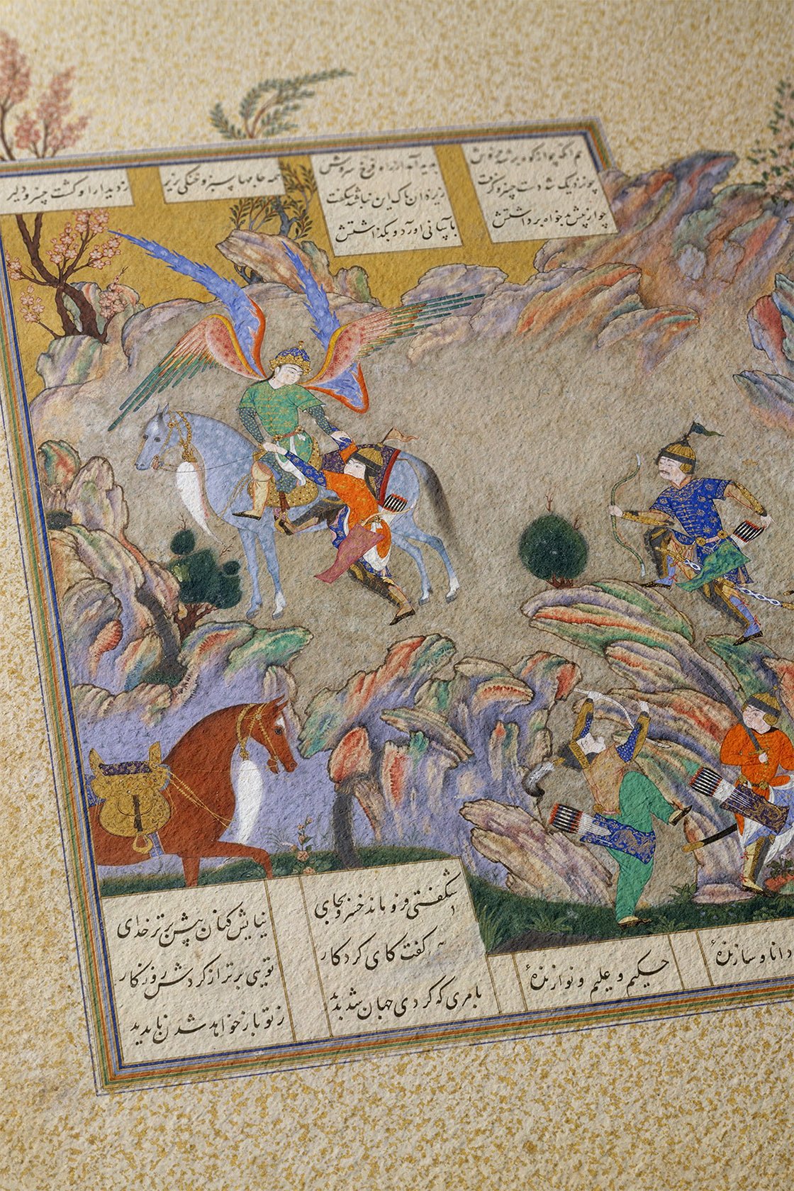 Estampe d'art giclée du Shahnameh : L'ange Surush sauve Khusrau Parviz, miniature persane (disponible avec ou sans cadre)