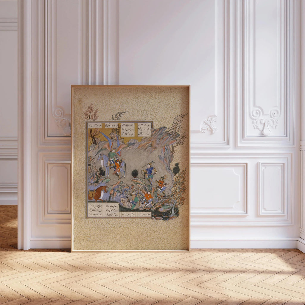 Estampe d'art giclée du Shahnameh : L'ange Surush sauve Khusrau Parviz, miniature persane (disponible avec ou sans cadre)