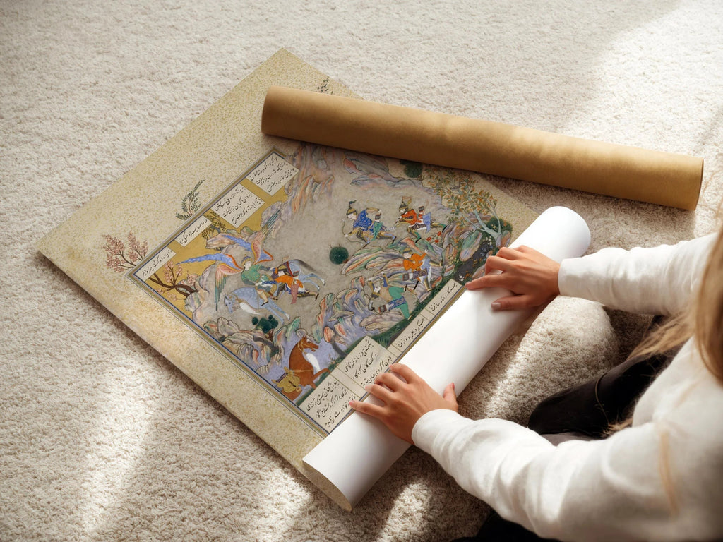 Estampe d'art giclée du Shahnameh : L'ange Surush sauve Khusrau Parviz, miniature persane (disponible avec ou sans cadre)