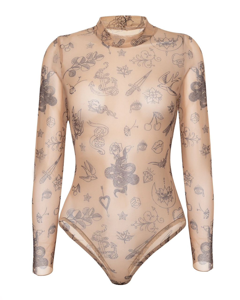 Sheer Mock Neck Tattoo Print Bodysuit, Heze