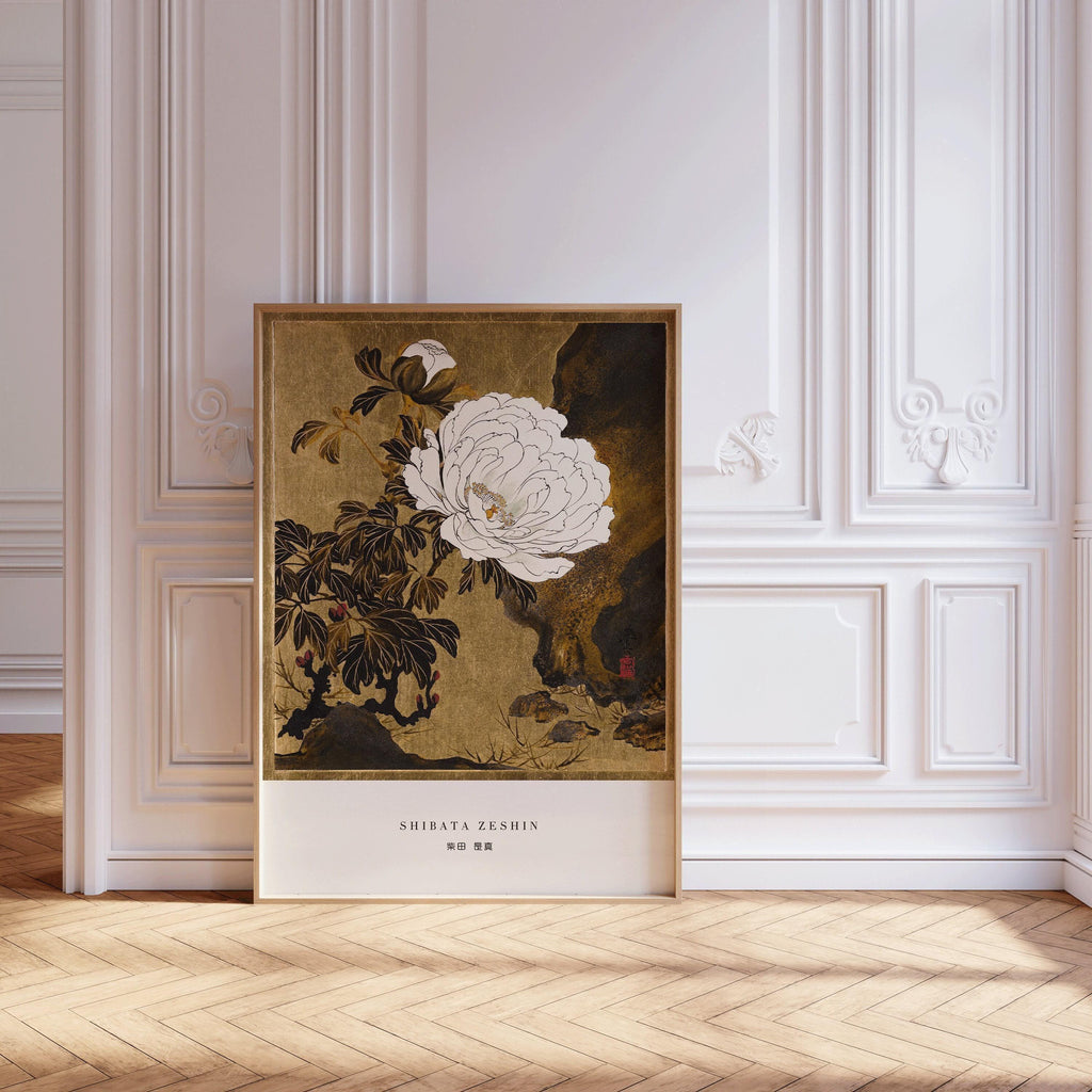 Estampe de pivoines de Shibata Zeshin : Art japonais ancien sur bois