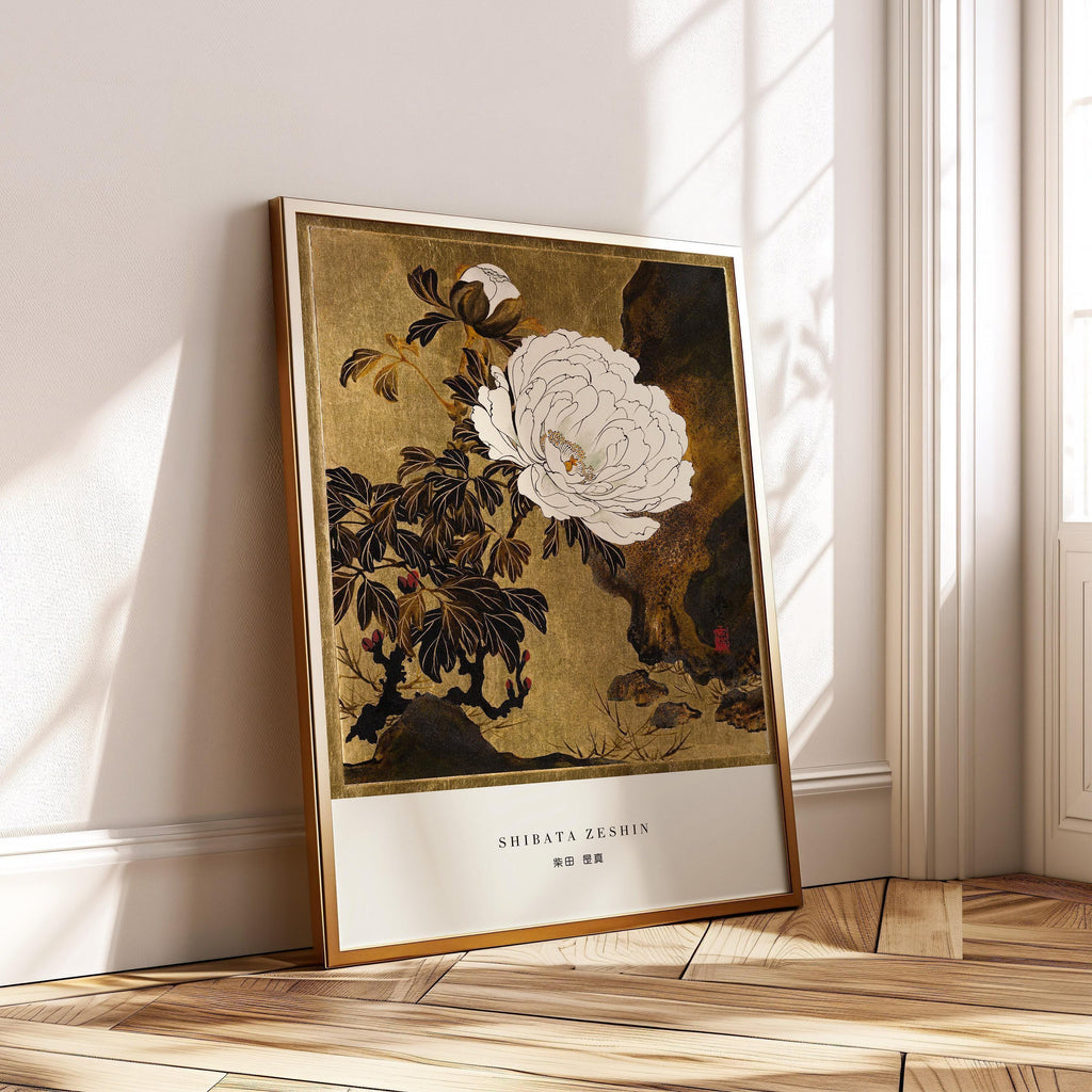 Estampe de pivoines de Shibata Zeshin : Art japonais ancien sur bois