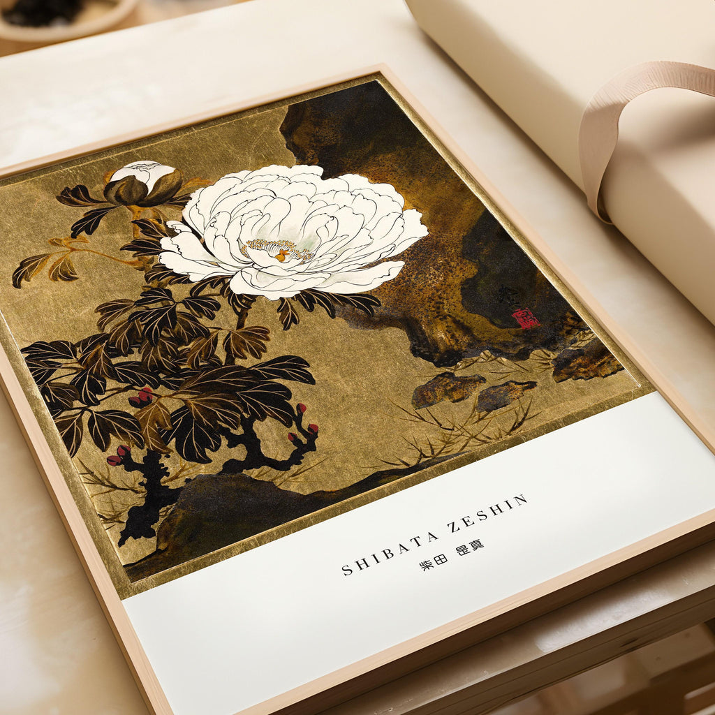 Estampe de pivoines de Shibata Zeshin : Art japonais ancien sur bois