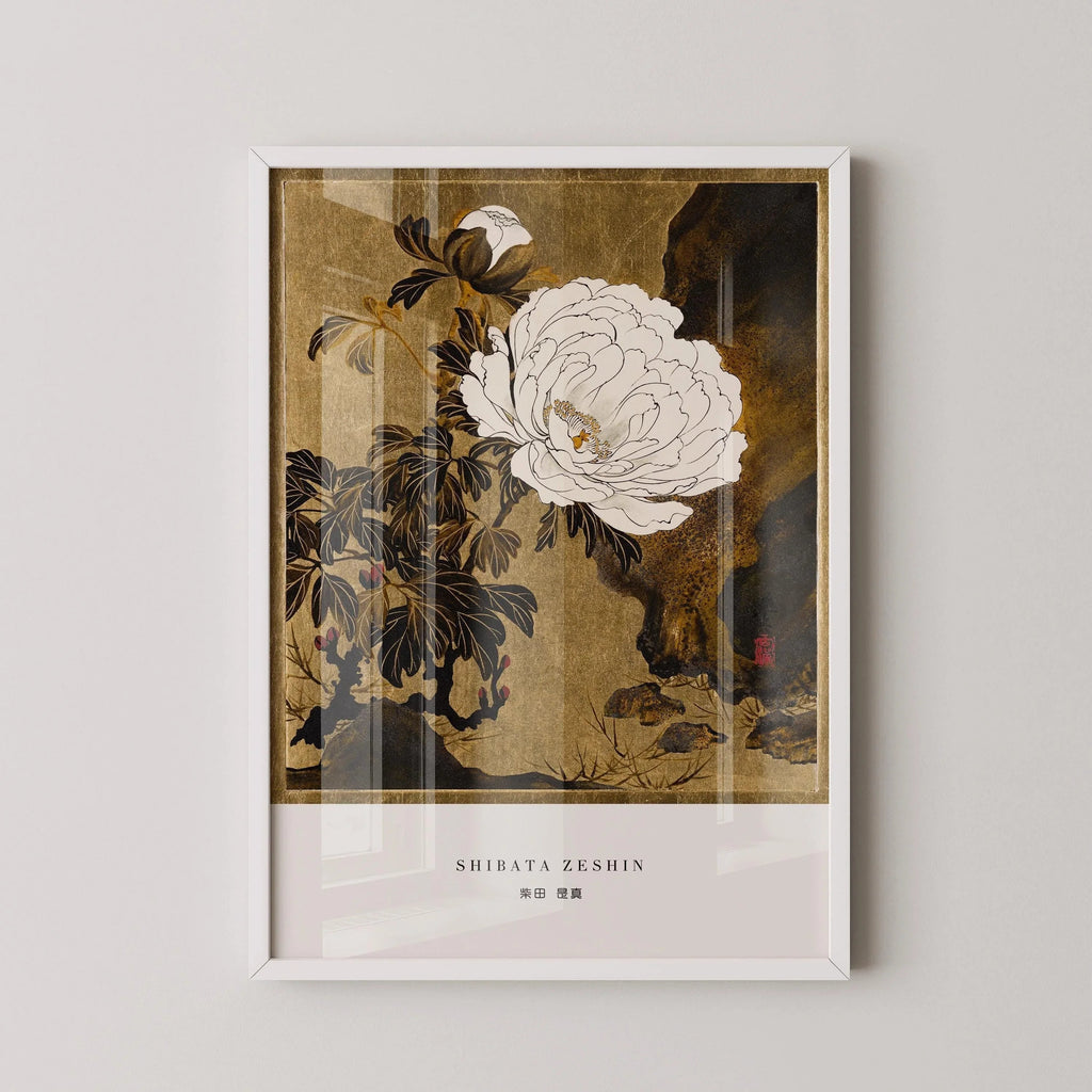 Estampe de pivoines de Shibata Zeshin : Art japonais ancien sur bois