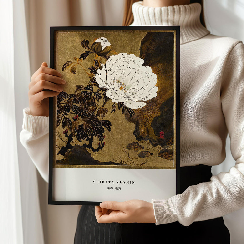 Estampe de pivoines de Shibata Zeshin : Art japonais ancien sur bois