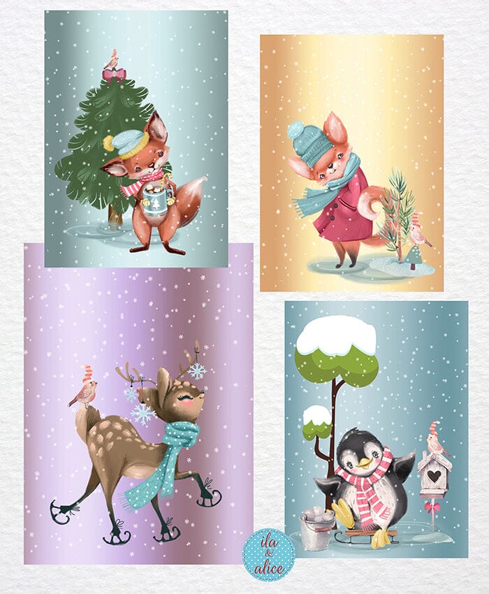 Cartes postales mignonnes d'animaux de la forêt en hiver