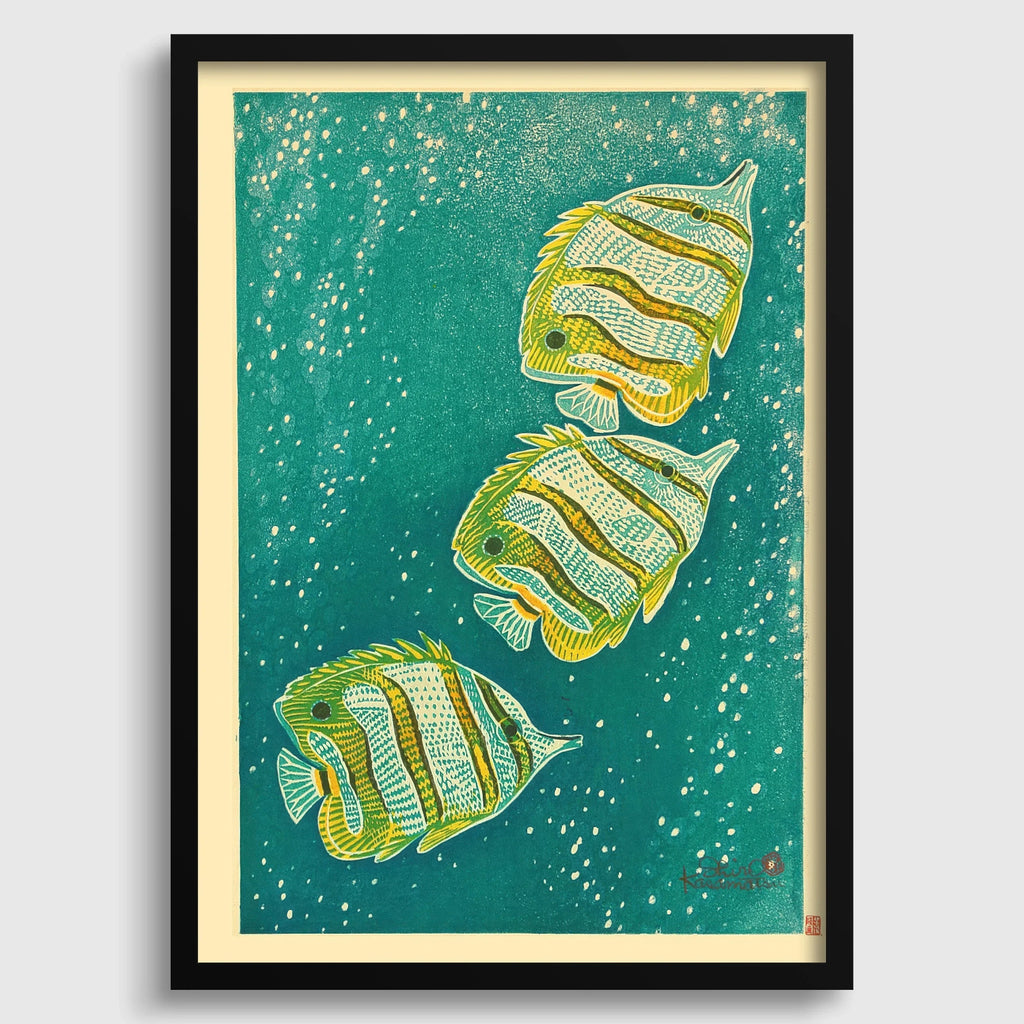 Estampe giclée de Shiro Kasamatsu représentant un poisson-ange : estampe japonaise vintage sur bois.