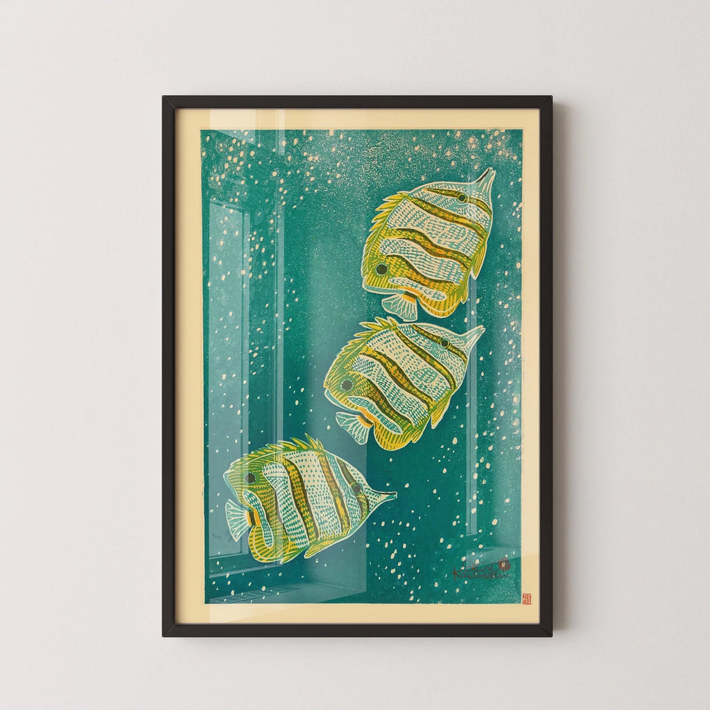 Estampe giclée de Shiro Kasamatsu représentant un poisson-ange : estampe japonaise vintage sur bois.