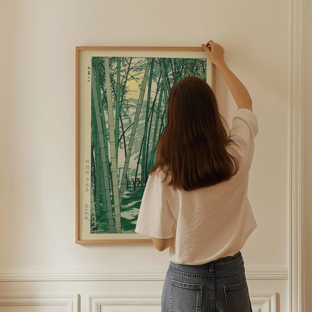 Estampe giclée de Shiro Kasamatsu représentant une forêt de bambous : estampe japonaise ancienne sur bois.