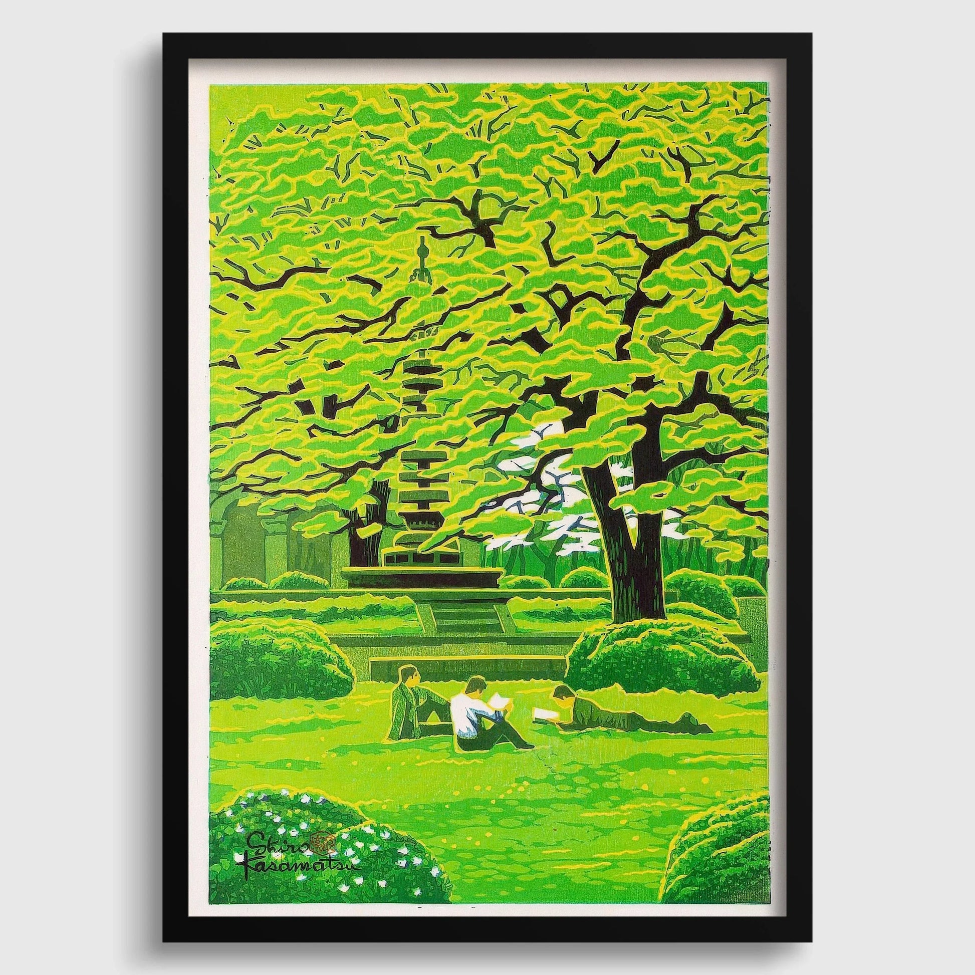 Estampe giclée Shiro Kasamatsu Spring Campus : Art paisible de l'estampe japonaise sur bois