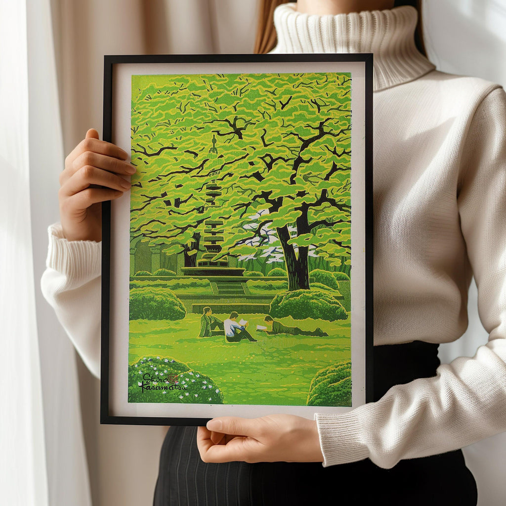 Estampe giclée Shiro Kasamatsu Spring Campus : Art paisible de l'estampe japonaise sur bois