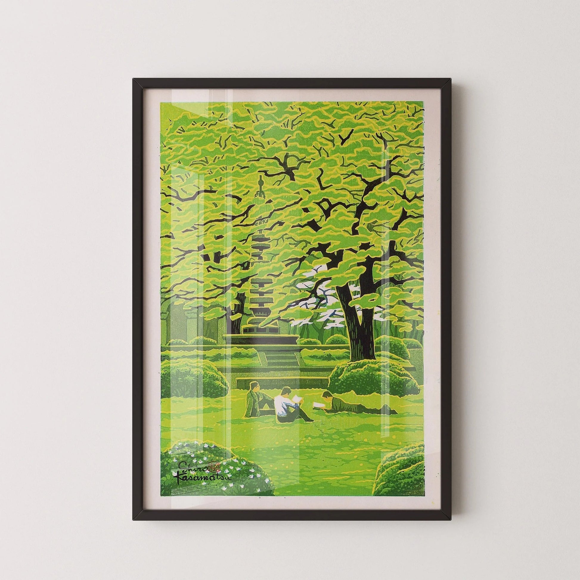 Estampe giclée Shiro Kasamatsu Spring Campus : Art paisible de l'estampe japonaise sur bois
