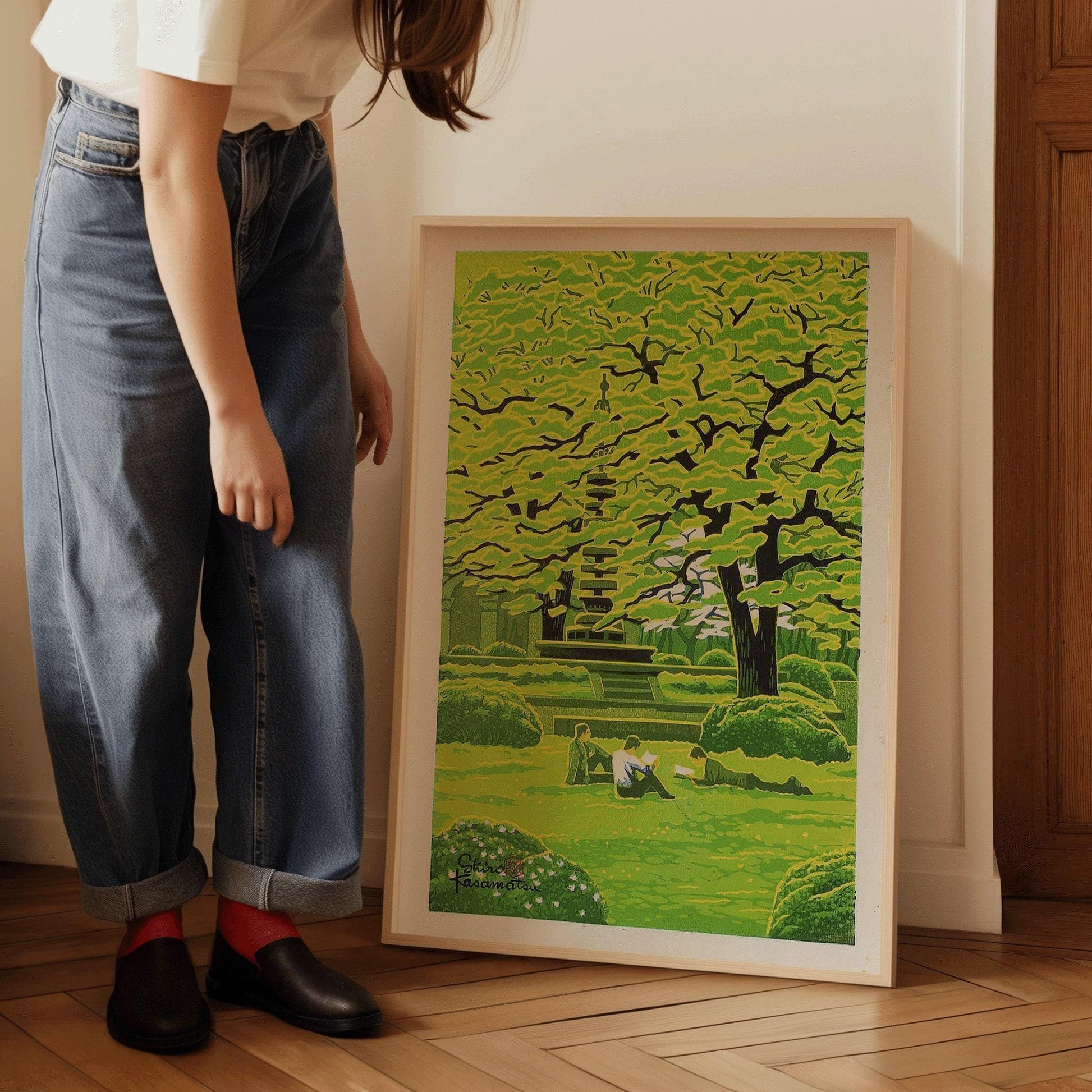 Estampe giclée Shiro Kasamatsu Spring Campus : Art paisible de l'estampe japonaise sur bois