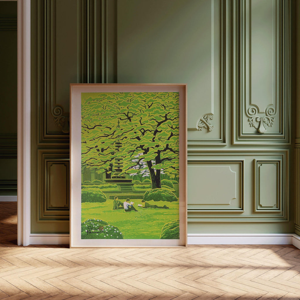 Estampe giclée Shiro Kasamatsu Spring Campus : Art paisible de l'estampe japonaise sur bois