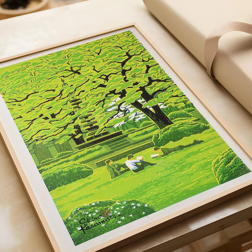 Estampe giclée Shiro Kasamatsu Spring Campus : Art paisible de l'estampe japonaise sur bois