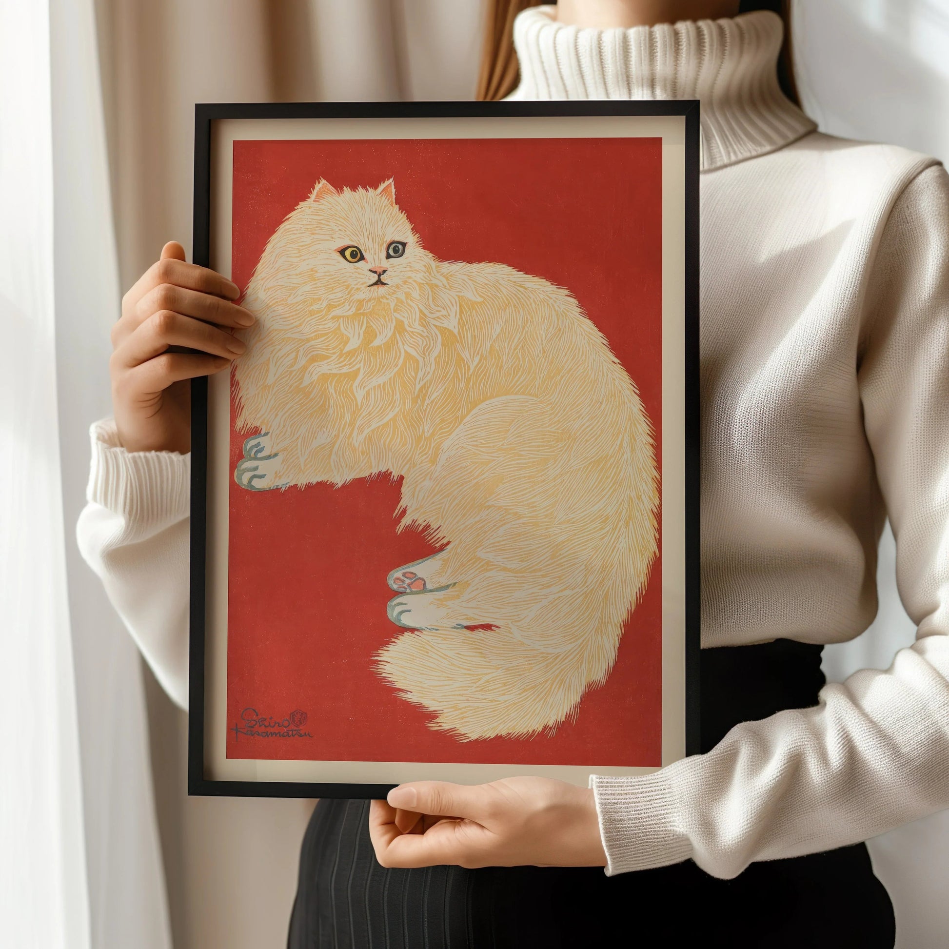 Shiro Kasamatsu - Le Chat Blanc : Estampe giclée d'art japonais vintage sur bois