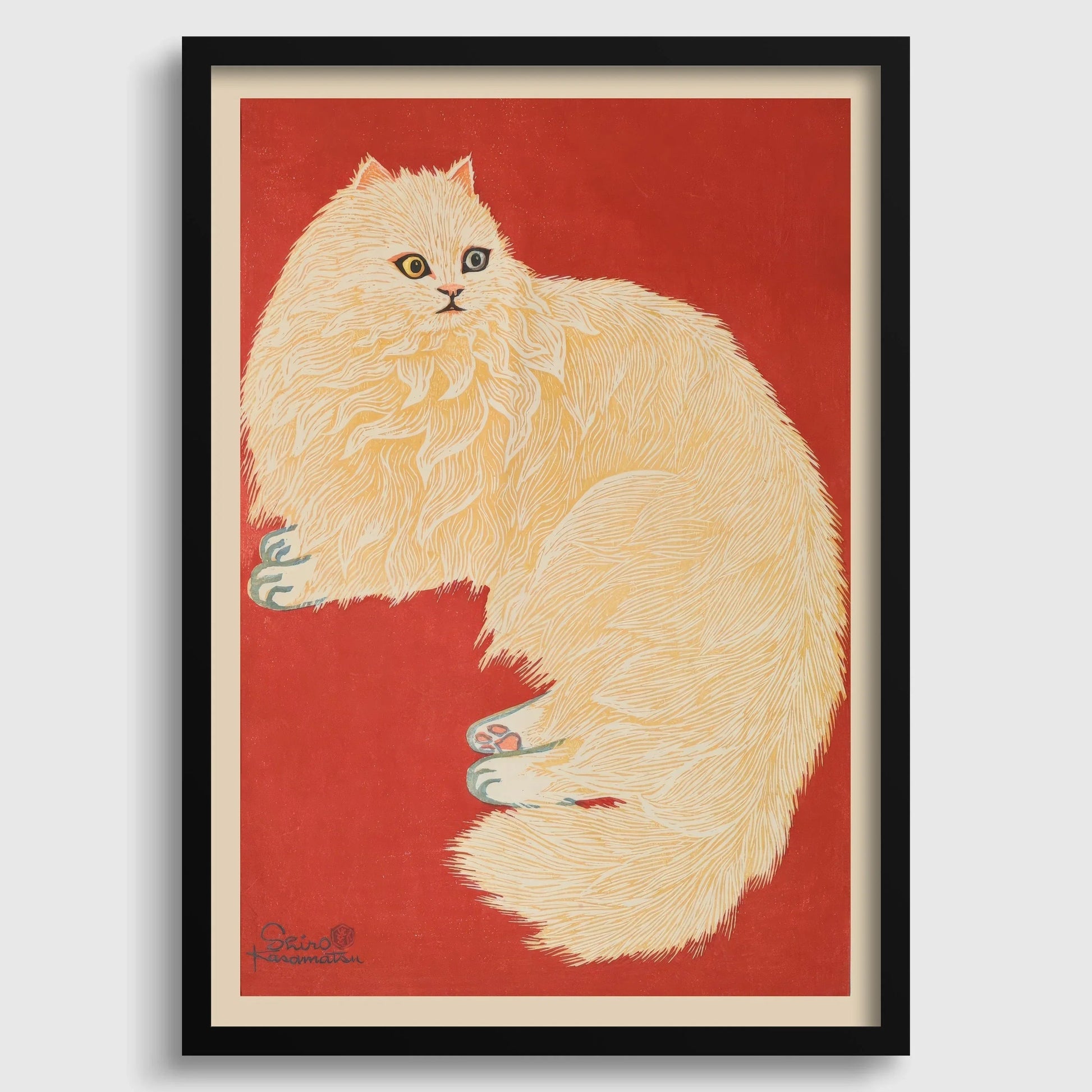 Shiro Kasamatsu - Le Chat Blanc : Estampe giclée d'art japonais vintage sur bois