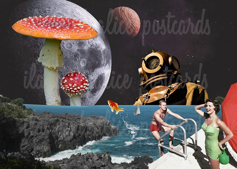Red & White Sci-Fi Mushroom Collage Art Postcards