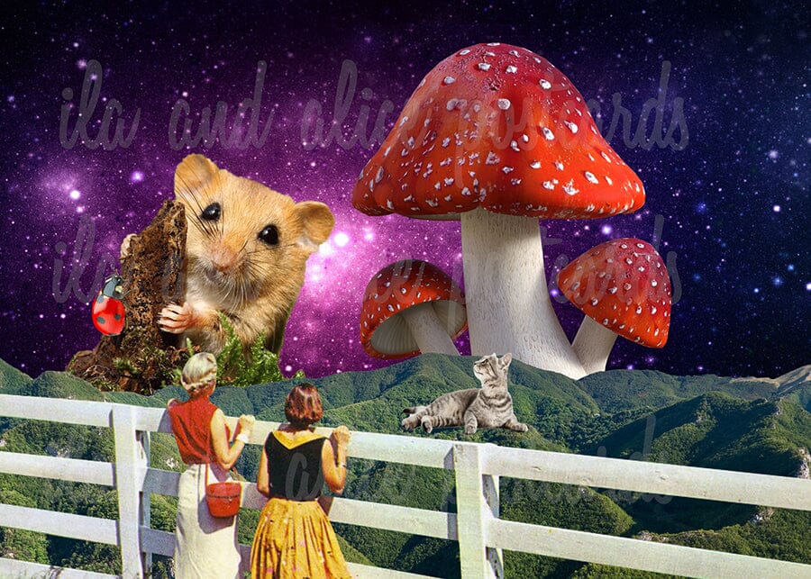 Red & White Sci-Fi Mushroom Collage Art Postcards