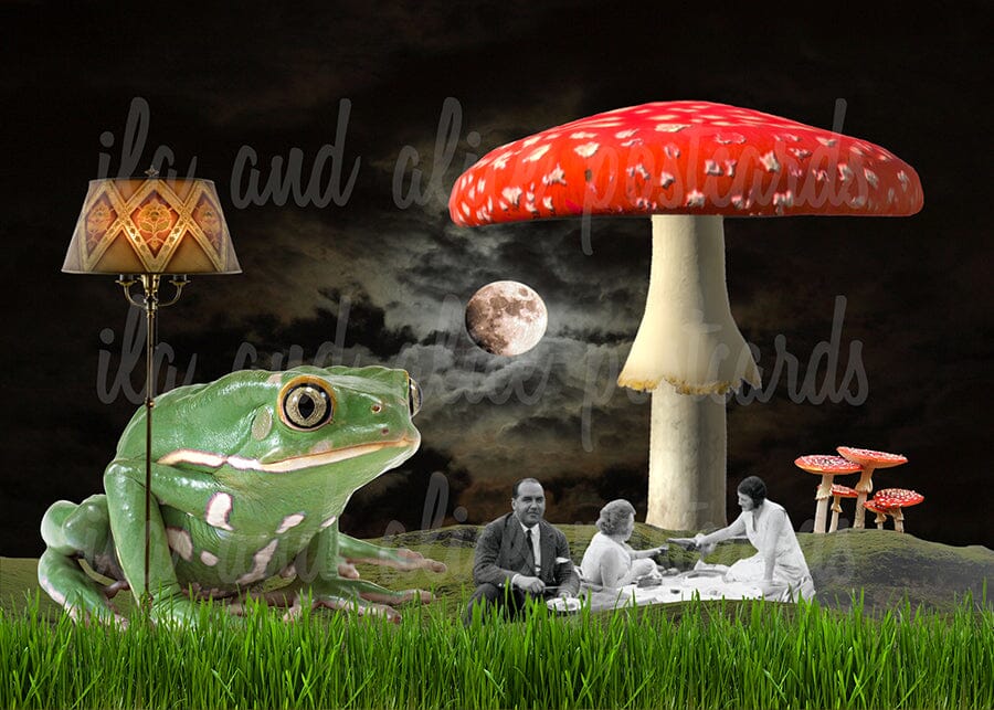 Red & White Sci-Fi Mushroom Collage Art Postcards