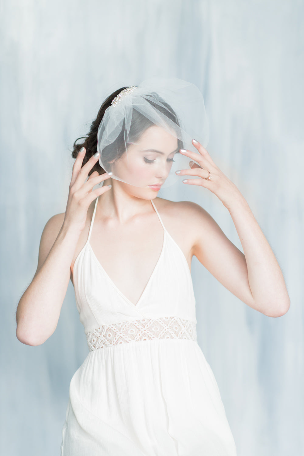 CLAUDIA Tulle Blusher Wedding Veil with Crystal & Pearl Comb