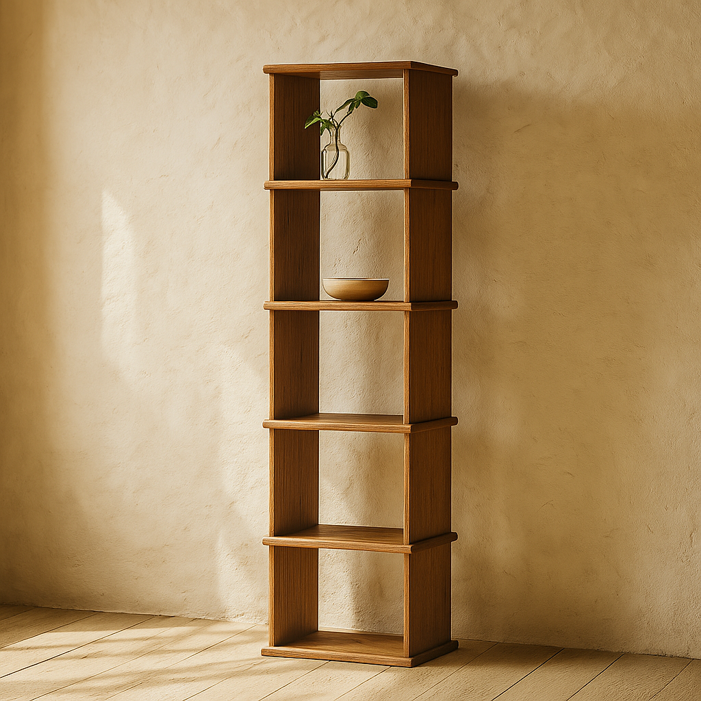 Narrow bookshelf in red oak