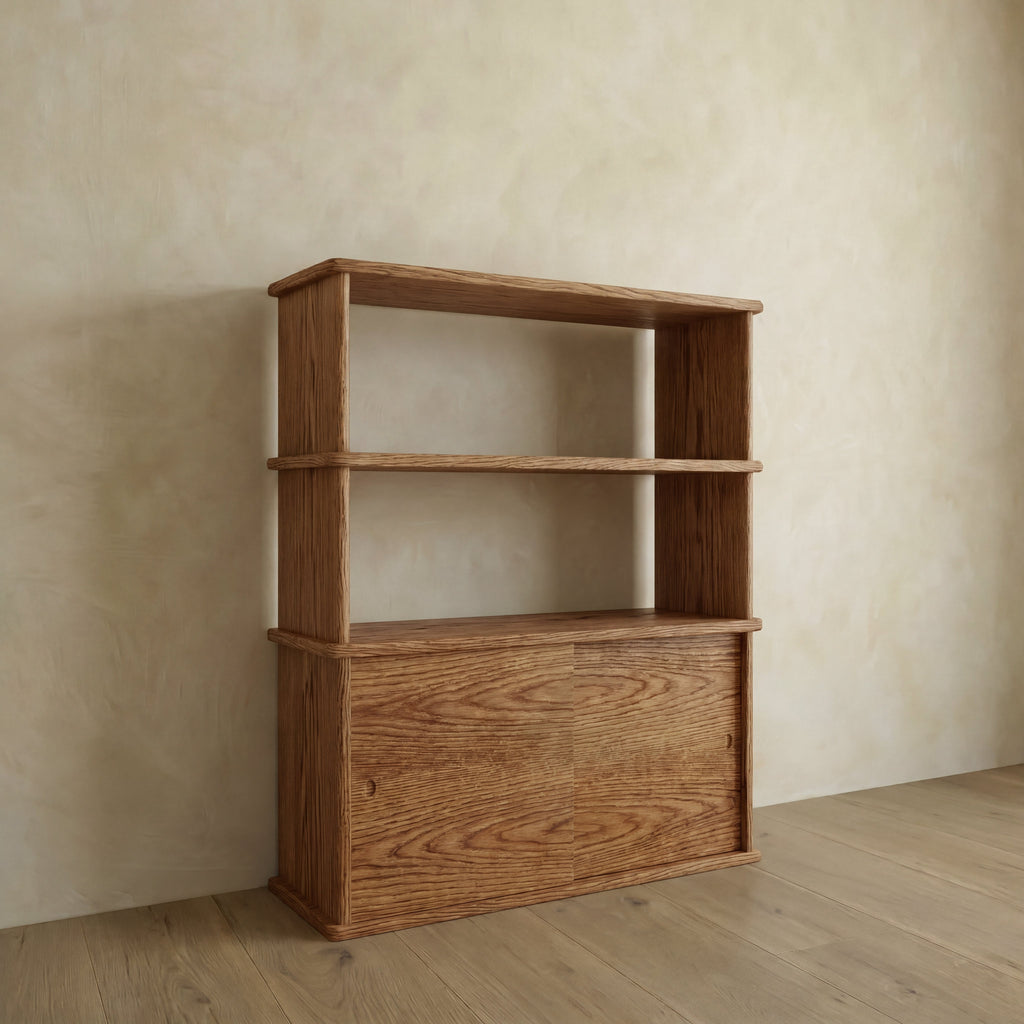 Sliding door bookcase in red oak
