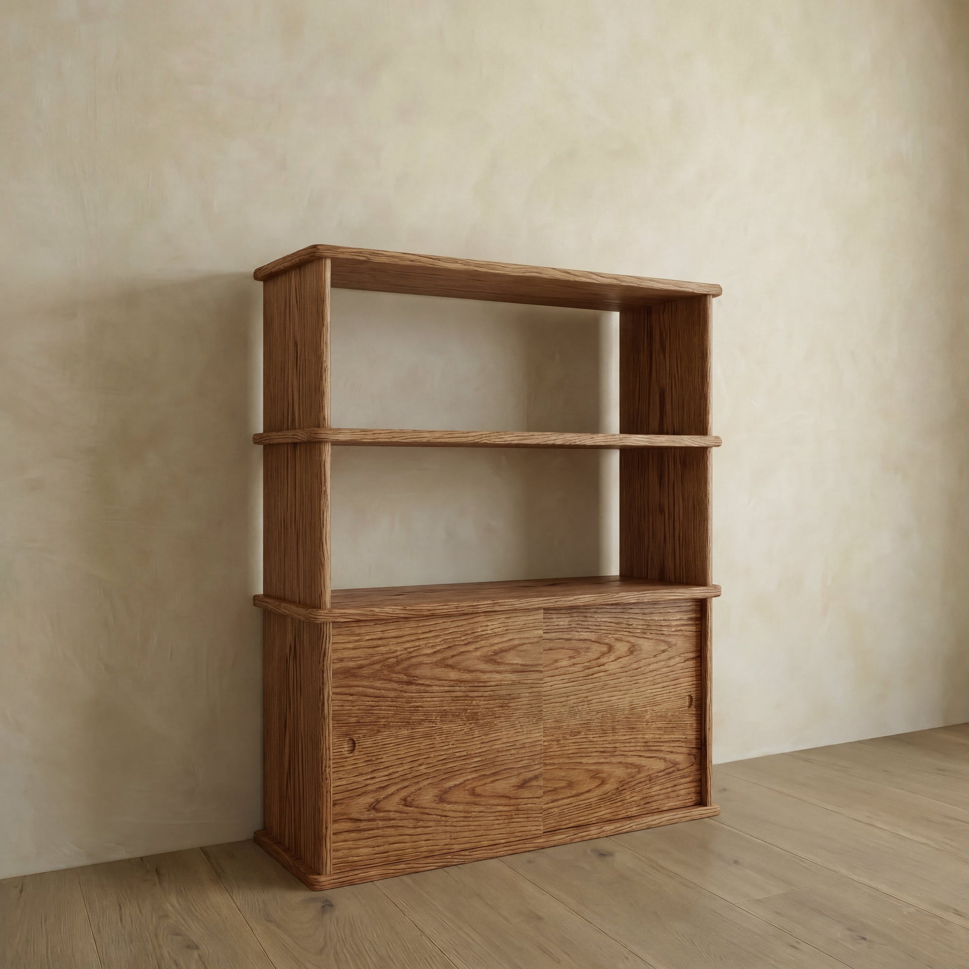 Sliding door bookcase in red oak