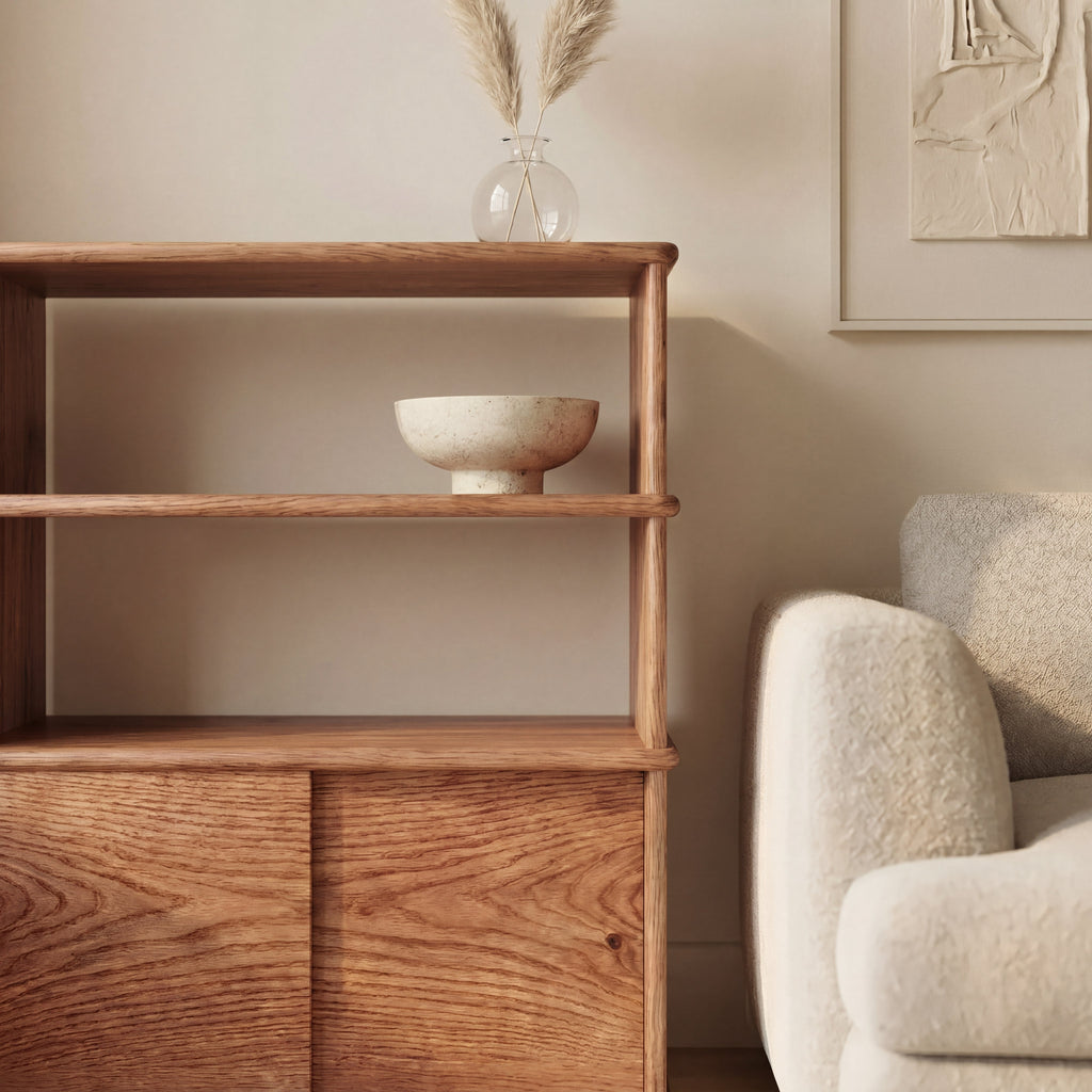 Sliding door bookcase in red oak