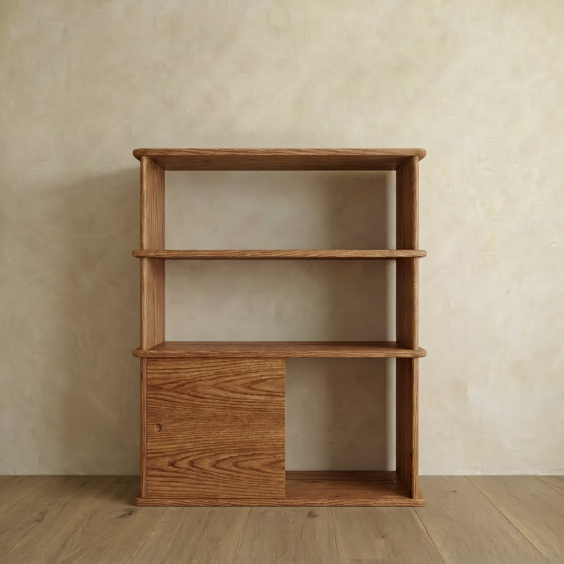 Sliding door bookcase in red oak