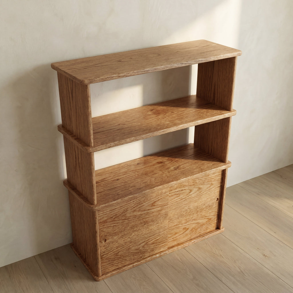 Sliding door bookcase in red oak