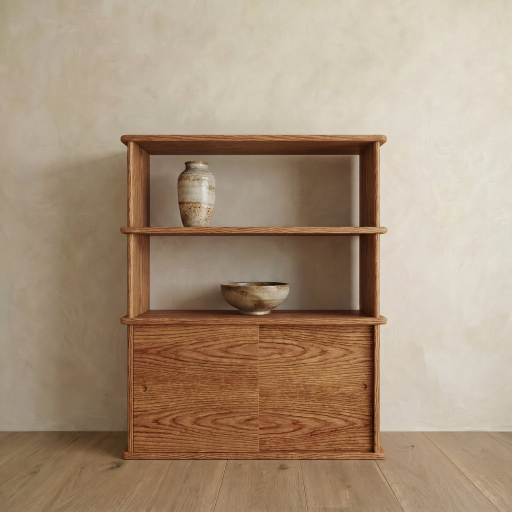 Sliding door bookcase in red oak